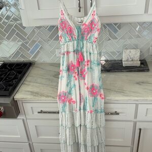Siya White NWT Maxi Dress with Pink and Teal Embroidery